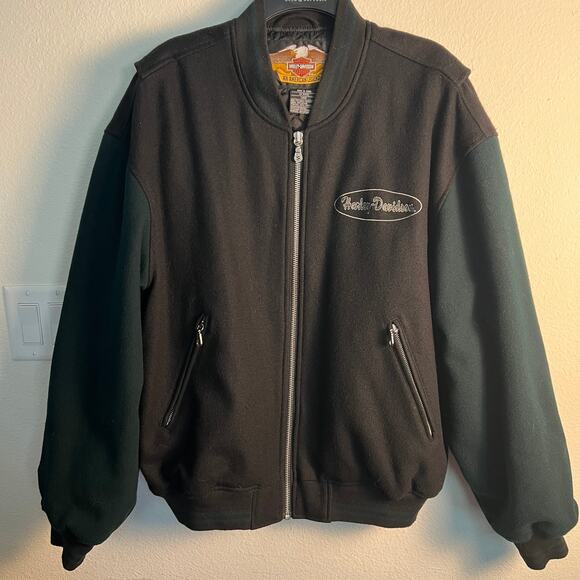 Harley Davidson Wool Bomber Style Jacket Black and Green Size L